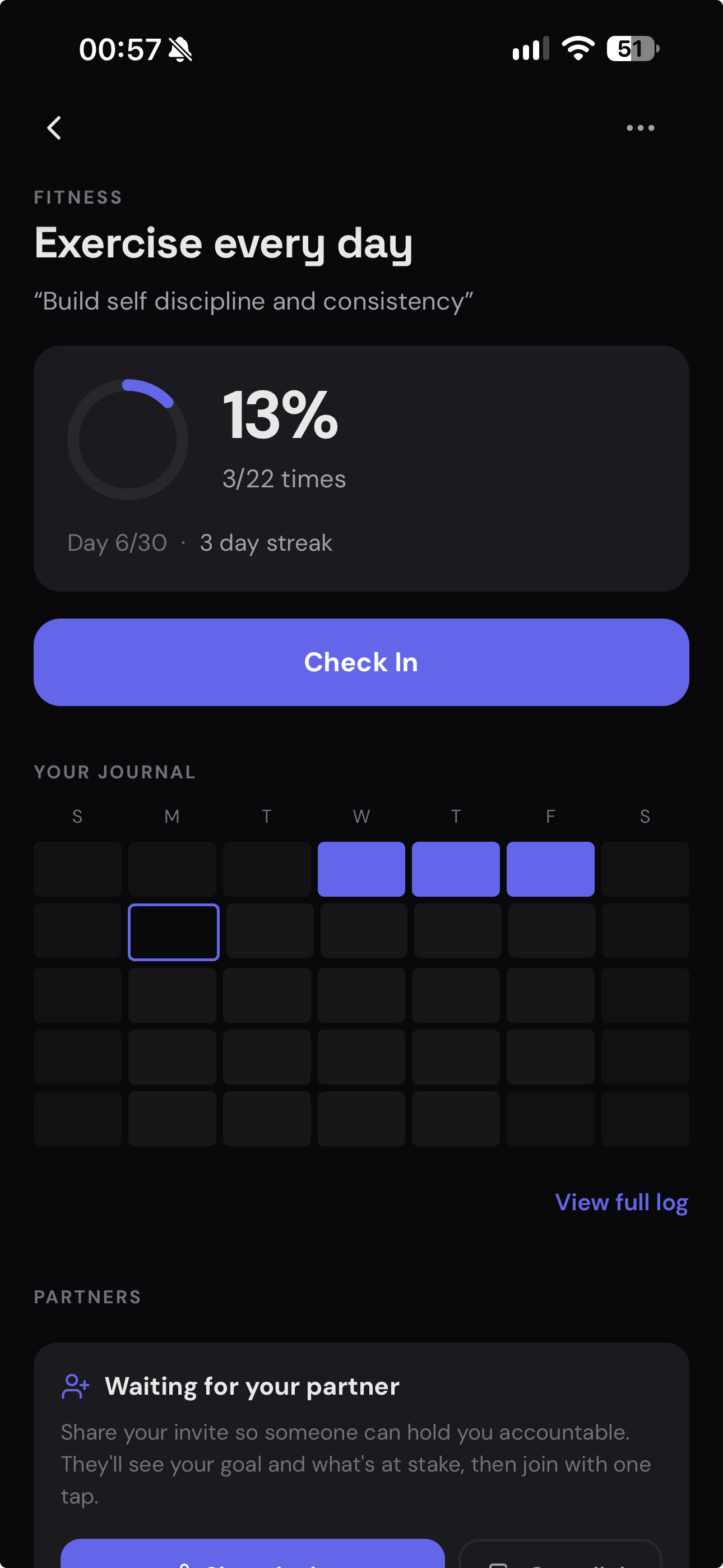 Exercise every day challenge with check-in progress